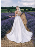 Strapless Beaded Ivory Lace Satin Slit Wedding Dress With Ruffled Sleeves